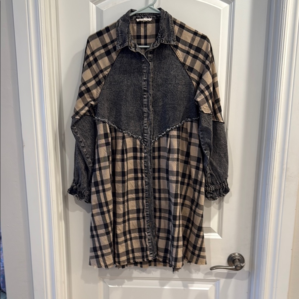 Plaid and Denim Long Sleeve Shirt Dress